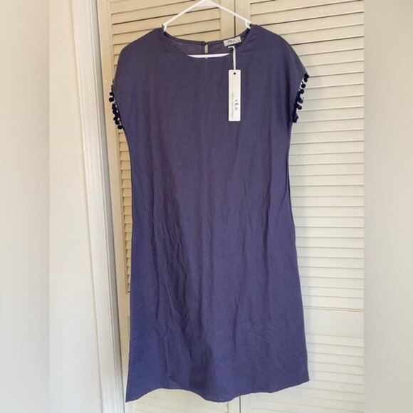 NWT - VLD Blue Linen-Cotton Pom-Pom Lightweight Summer Sheath Dress Size S - Picture 1 of 9